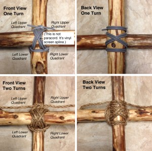 Notice how the lashing's other side is symmetrical with the wraps forming an X over the rear pole framed by two strands of rope on the top and bottom.