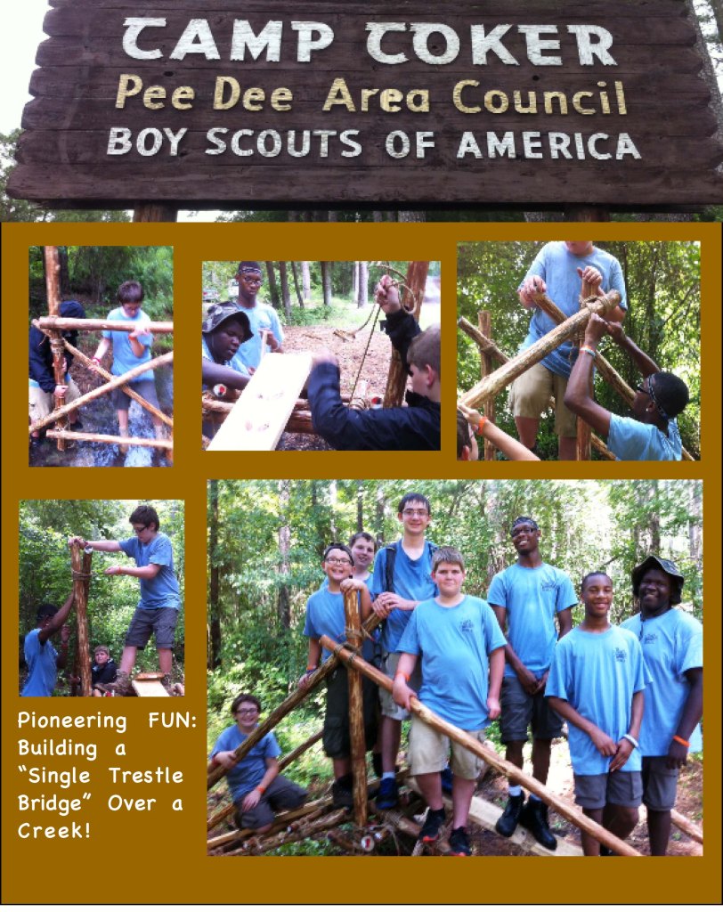 Camp Coker Pee Dee Area Council Boy Scouts of America. Pioneering FUN: building a single trestle bridge over a shallow creek.