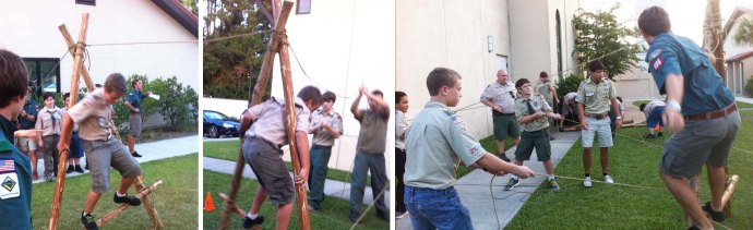 Link to: LARGER Image Great Team Working Challenge! Each Scout handling a guyline needs to be vigilant!
