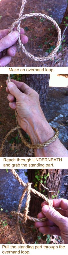 Make an overhand loop. Reach through UNDERNEATH and grab the standing part. Pull the standing part through the overhand loop.