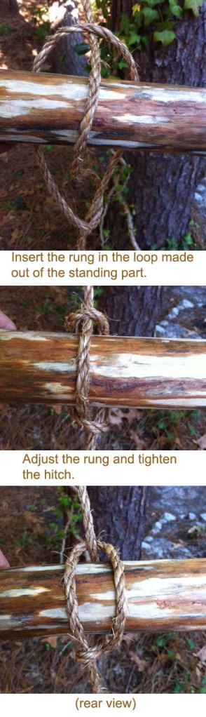Insert the rung in the loop made out of the standing part. Adjust the rung and tighten the hitch.