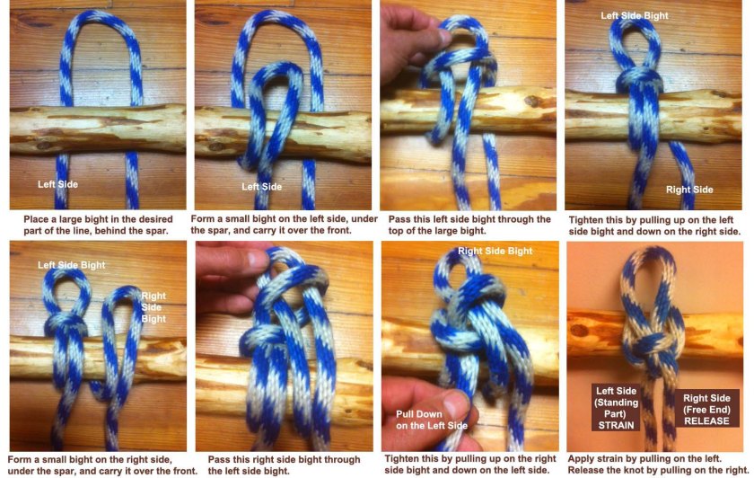 Place a large bight in the desired part of the line, behind the spar. Form a small bight on the left side, under the spar, and carry it over the front. Pass this left side bight through the top of the large bight. Tighten this by pulling up on the left  side bight and down on the right side. Form a small bight on the right side, under the spar, and carry it over the front. Pass this right side bight through the left side bight. Tighten this by pulling up on the right side bight and down on the left side. Apply stress by pulling on the left. Release the knot by pulling on the right. 