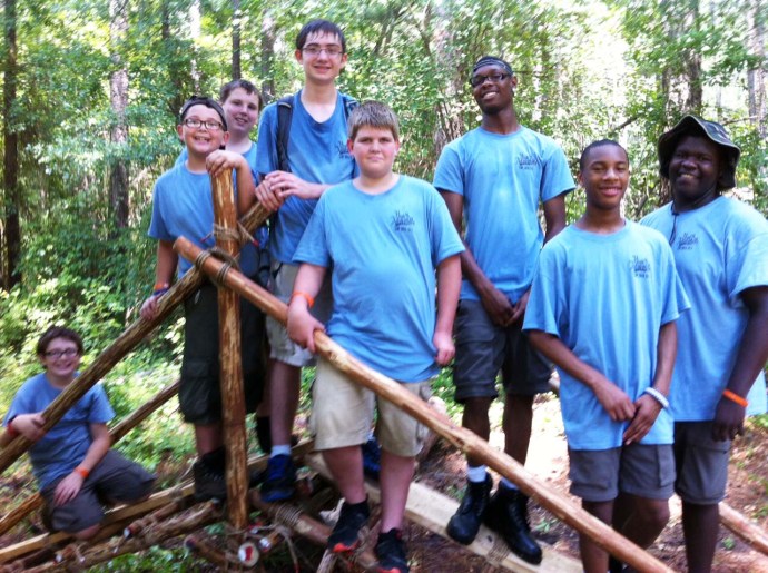 Summer Camp Pionneering Merit Badge Class: Single Trestle Bridge Over a Shallow Creek