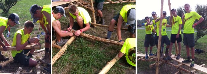 Lashing the A-Frame legs with a shear lashing, and lashing on the ledger.