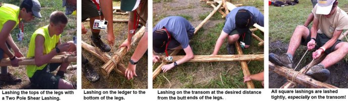 Lashing the top of the legs with a two pole shear lashing. Lashing on the ledger to the bottom of the legs. Lashing on the transom at the desired distance from the butt ends of the legs. All square lashings are lashed tightly, especially on the transom.