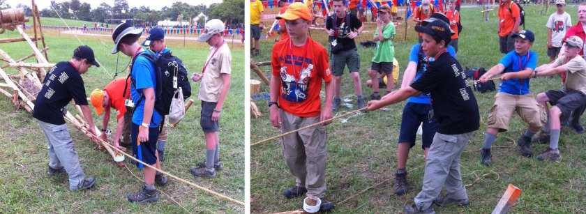 Scouts load the smaller, counter-weighted catapult and launch their shot by pulling together to snap the arm up.