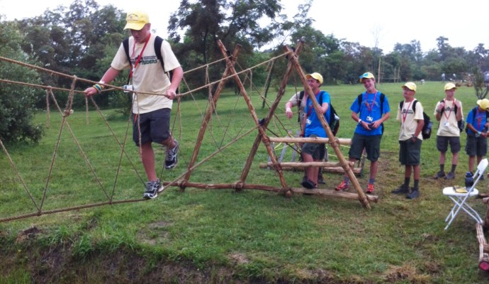 Crossing the Monkey Bridge in the Pioneering Area of the 2013 National Jamboree