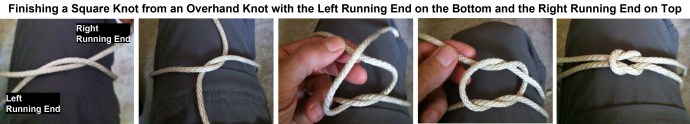Finishing a Square Knot from an Overhand Knot with the Left Running End on Top and the Right Running End on the Bottom