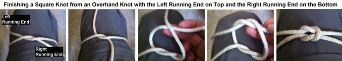 Finishing a Square Knot from an Overhand Knot with the Left Running End on the Bottom and the Right Running End on Top
