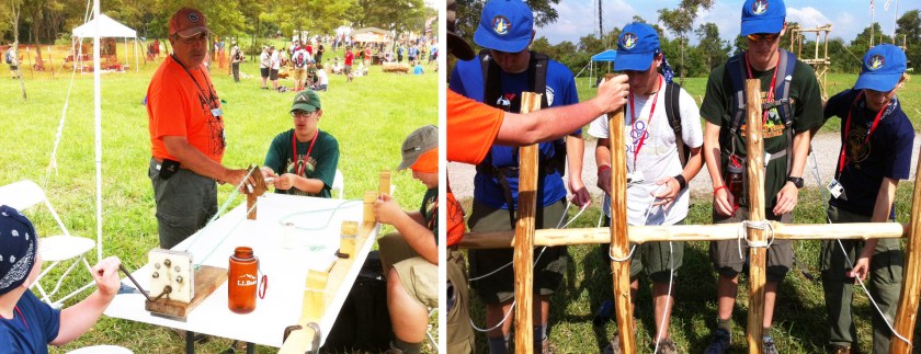 Scouts make rope and learn the Mark II Square Lashing.