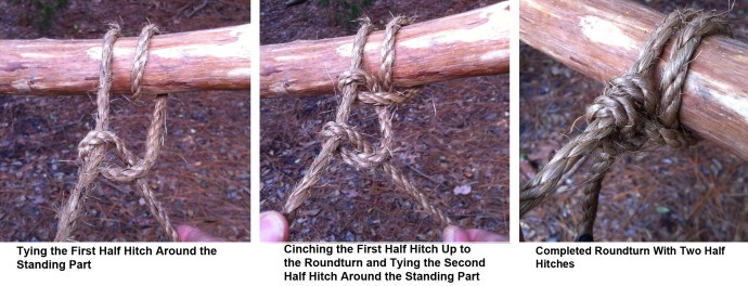 Tying the first half hitch around the standing part, cinching the first half hitch up to the roundturn and tying the second half hitch around the standing part, you get a completed roundturn with two half hitches.