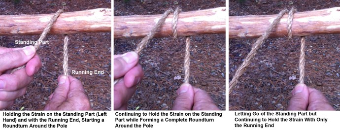 Holding the strain on the standing part in the left hand, and with the running end, starting a roundturn around the pole, continuing to hold the strain on the standing part while forming a complete roundturn around the pole, and letting go of the standing part continuing to hold the strain with only the running end.