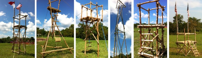 Link to: Larger Image From left to right: 14' Double Ladder Signal Tower, Hourglass Tower, Stilt Tower, AT&T "Signal" Tower, 4'X4'x6' Climbing Tower, 6'x6'x5' Climbing Tower