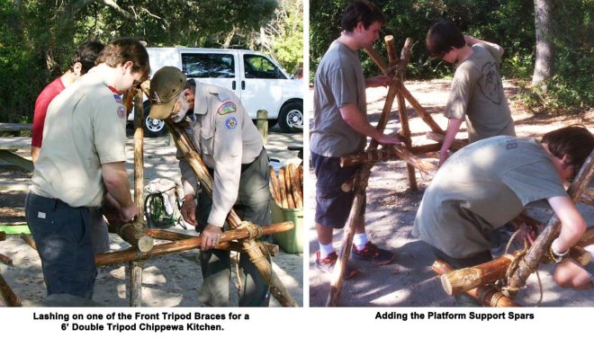 Link to: Larger View Lashing on one of the Front Tripod Braces for a 6’ Double Tripod Chippewa Kitchen and Adding the Platform Support Spars.