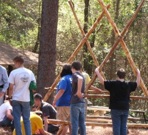 After completed, the A-frames are stood up and held in place while other construction continues.