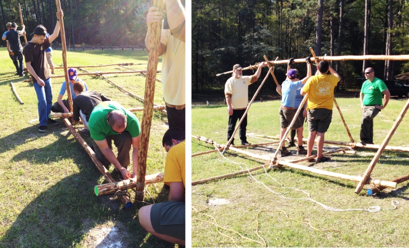 On the left: lashing on the the lateral support spars to the middle and front legs that will connect the rear leg. On the right: lashing on the rear leg to form the right triangular prism. 