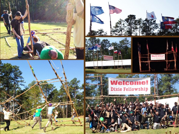 Building and Hoisting the Gateway / Flags Flying / Gateway During the Day and Illuminated at Night / Tomo Chi Chi Lodge Photo