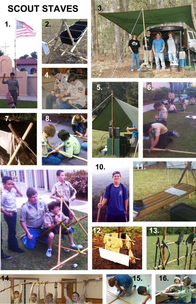 1. Flagpole / 2. Camp Gadget: Dish Washing Rack / 3. Uprights for Improvised Shelter / 4. Lashing Instruction / 5. Uprights for Dining Fly / Interpatrol Competition: Flag Raising Race / 7. Camp Gadget: Shear Legs for Clothes Dryer / 8. Interpatrol Competition: Catch the Snapper / 9. Interpatrol Competition: New Market Ballistas / 10. Walking Stick / 11. Camp Gadget: Simple Table / 12. Camp Gadget: Clothes Drying Rack / 13. Camp Gadget: Tool Rack / 14. Round Lashing Activity / 15. Interpatrol Competition: Free-Standing Flagpole / 16. Interpatrol Competition: (Catch the Snapper)    